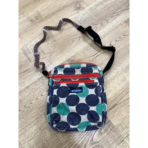 KAVU Crossbody Bag Navy Blue and Teal Polka Dot Print - Picture 1 of 7